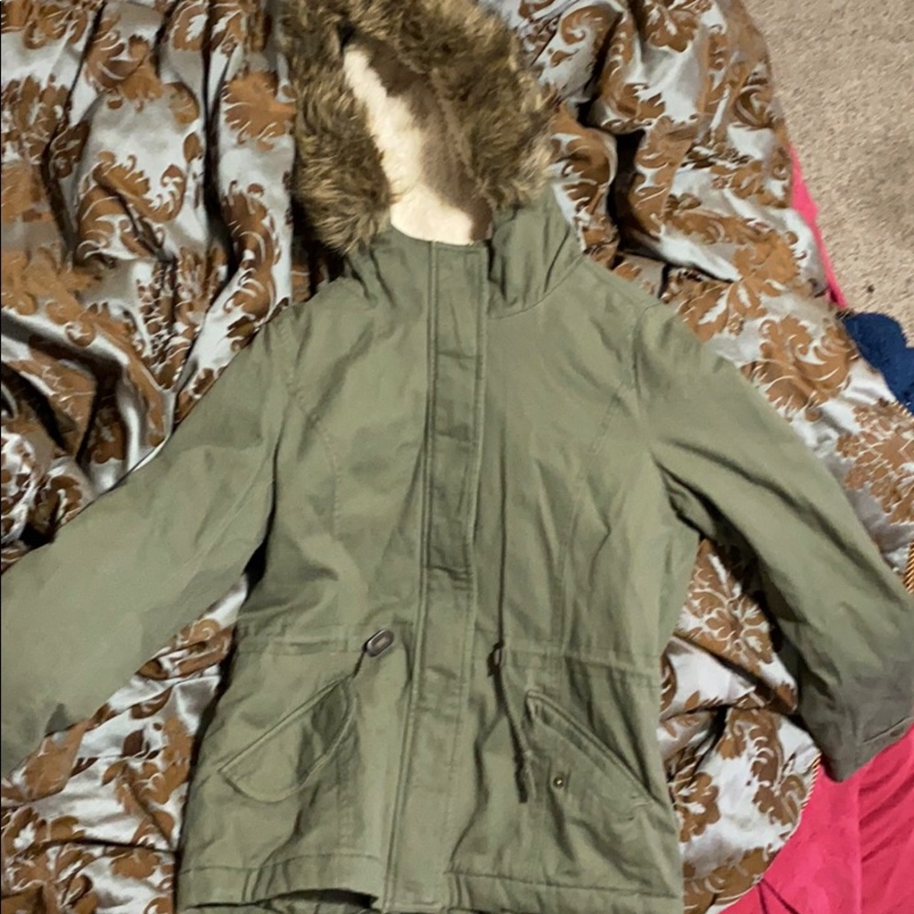 Green coat with fur hood